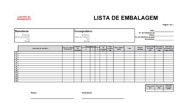 MODELO - Lista de Embalagem